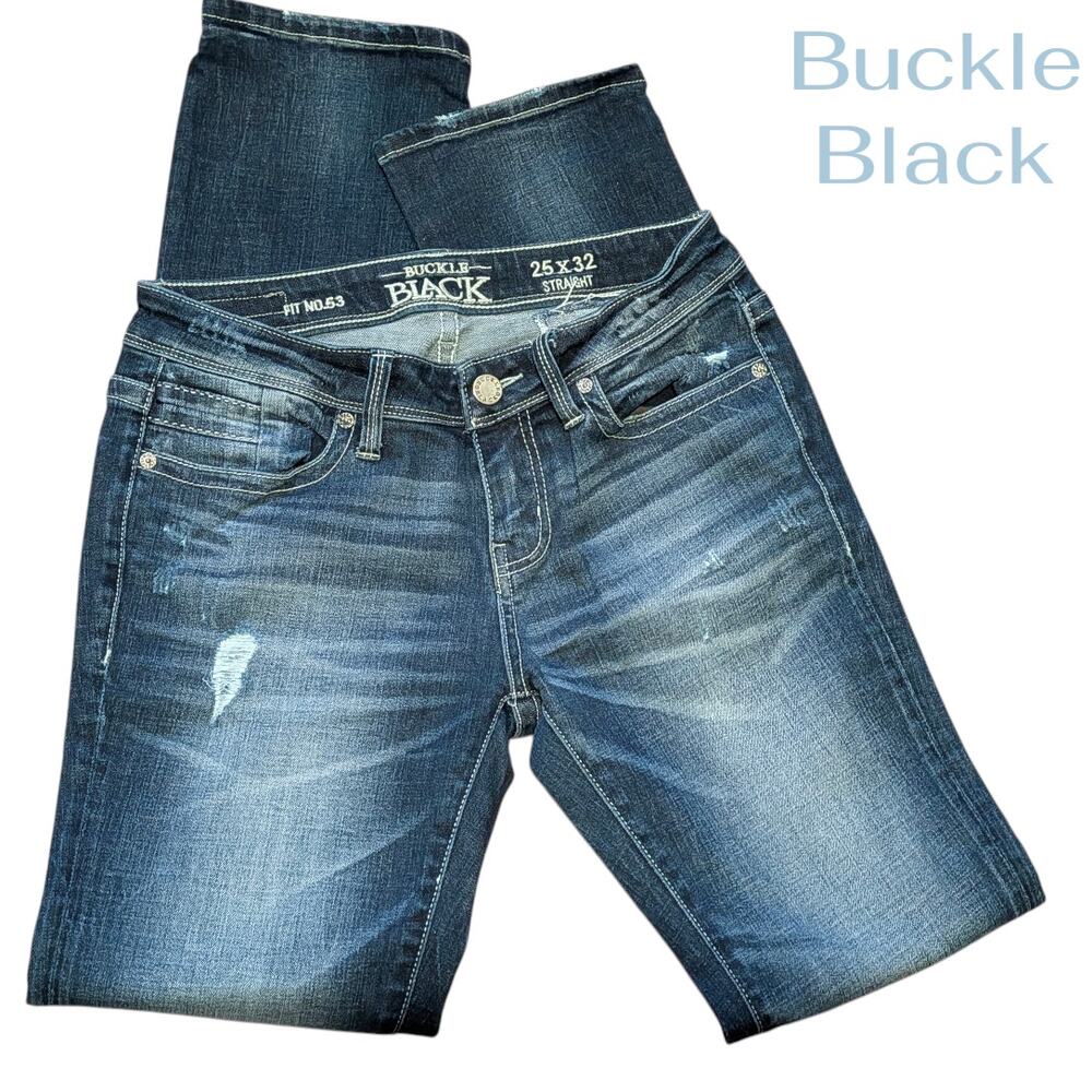 BUCKLE BLACK Dark Wash Modena Boot Cut Denim Blue Jeans Women's 25/32 Distressed